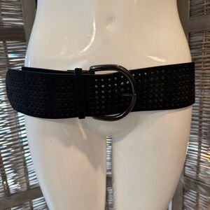 Laser Cut Genuine Leather Suede Wide Belt in Black with Gunmetal Hardware - M